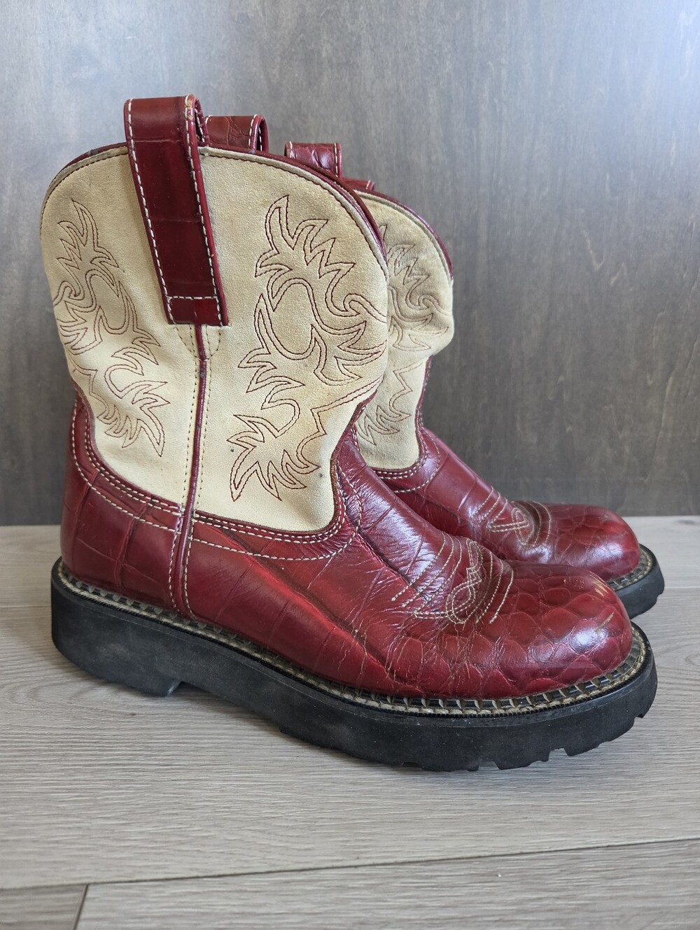 Ariat Fatbaby Cowgirl Boots Red Croc Leather & Suede Women's Size 8.5B